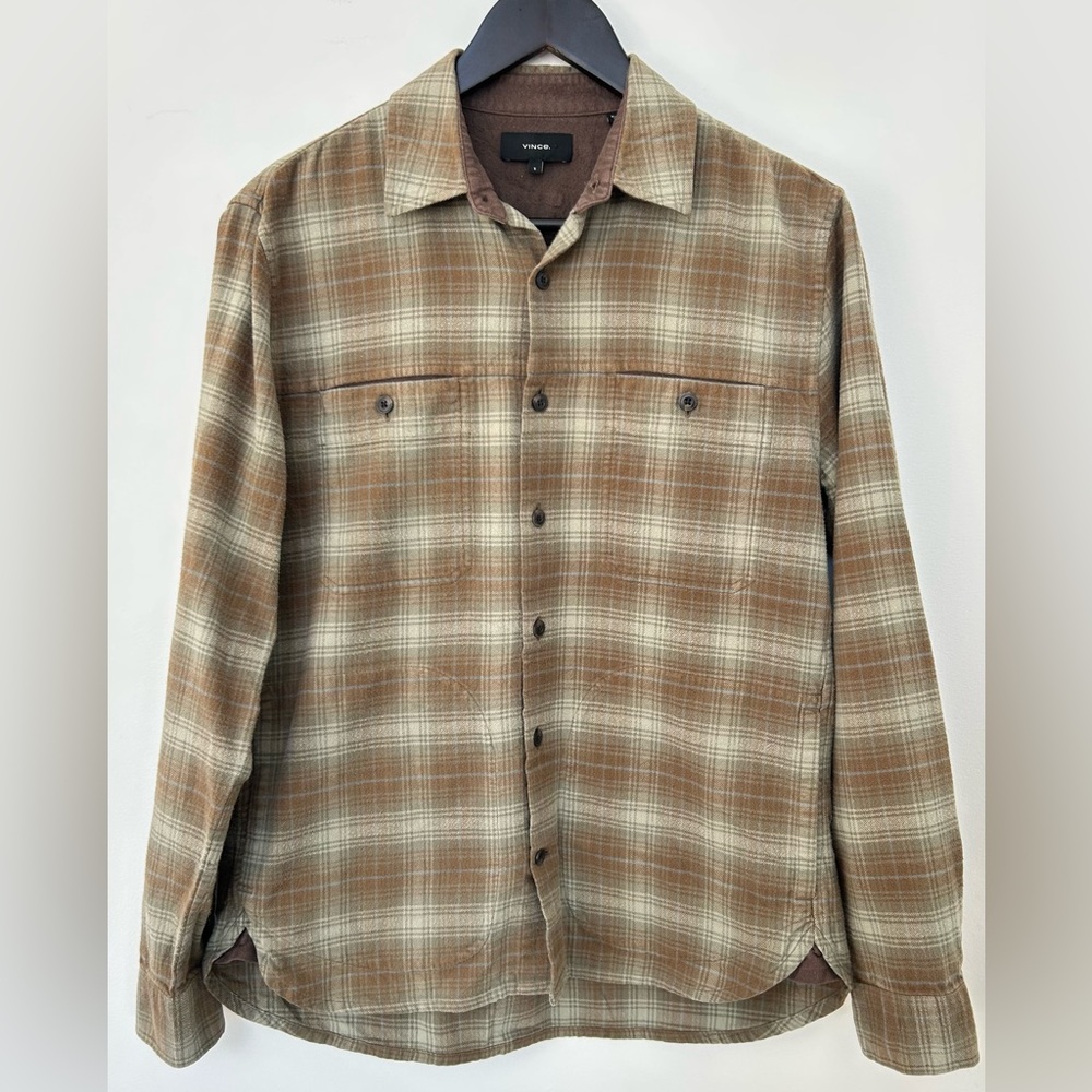 Vince Men’s Plaid Overshirt Jacket Small Brown Green Button Up Flannel